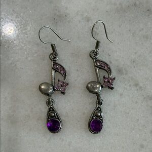 Silver-Tone Purple Note Dangle Earrings with Pink Accents
